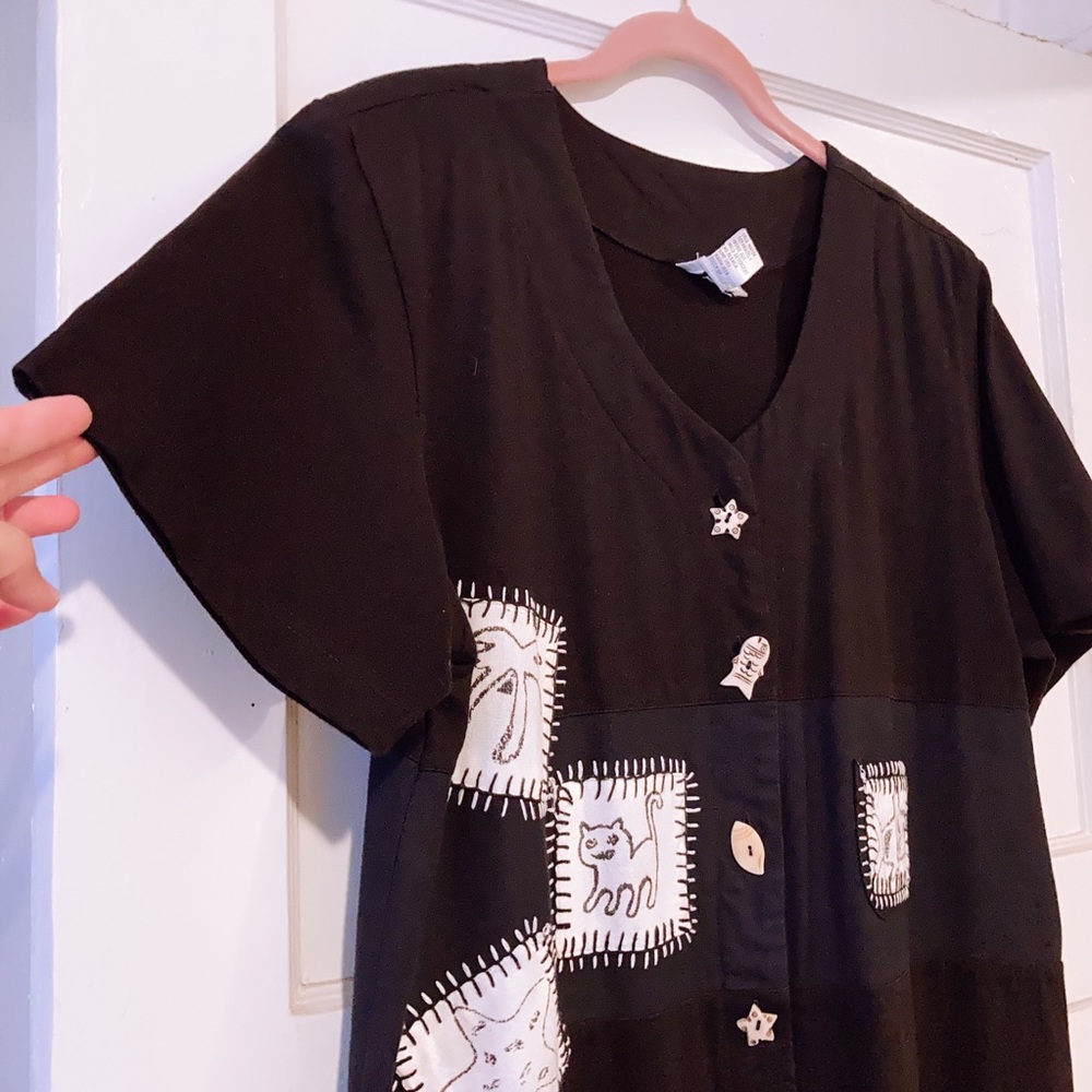 Cat Art Patchwork Vacation Maxi Button Down Cotto… - image 1